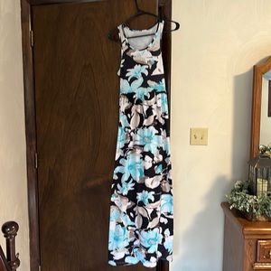 Long dress.  Floral colors are teal, tan, black.  Perfect for the beach.